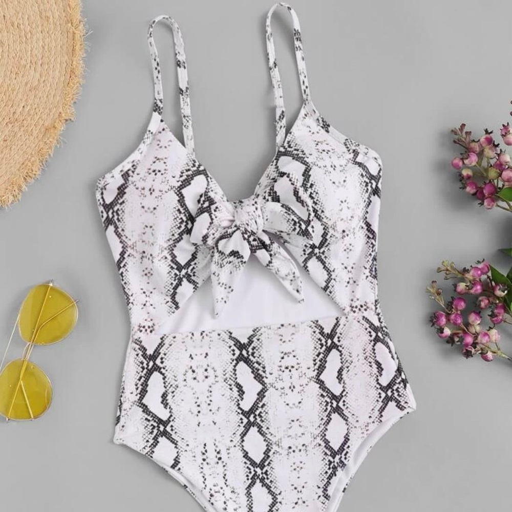 Snake Print Bow Tie Cut-Out One Piece Swimsuit